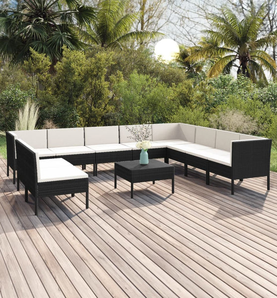 11-tlg. Garten-Lounge-Set mit Auflagen Poly Rattan Schwarz
