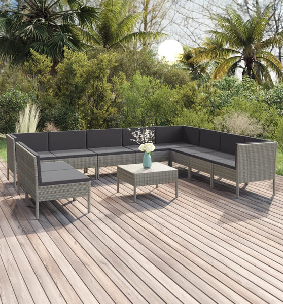 11-tlg. Garten-Lounge-Set mit Auflagen Poly Rattan Grau
