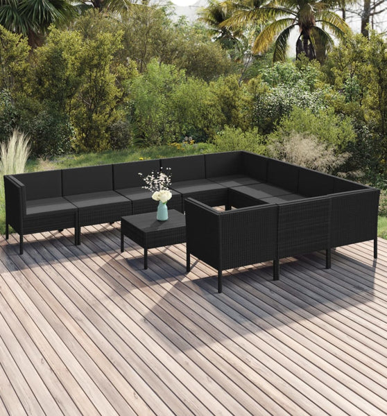 11-tlg. Garten-Lounge-Set mit Auflagen Poly Rattan Schwarz