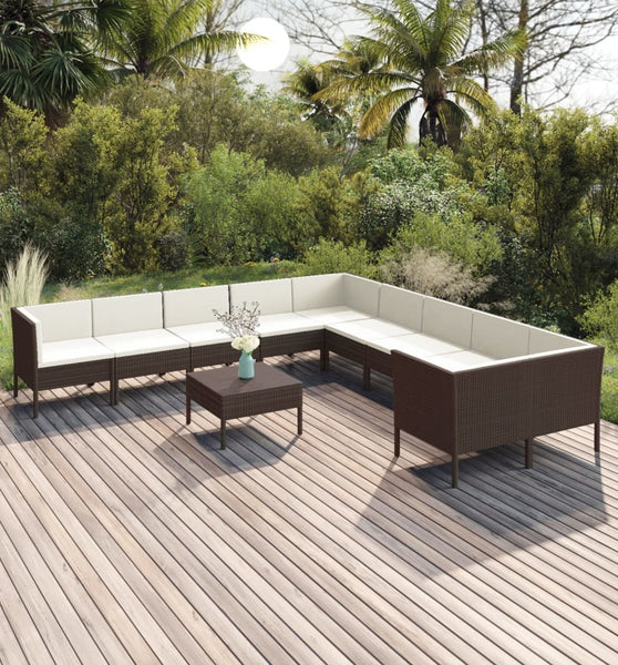 11-tlg. Garten-Lounge-Set mit Auflagen Poly Rattan Braun