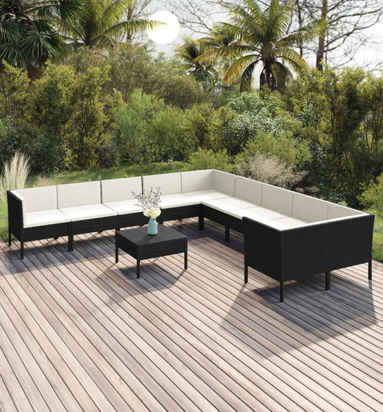 11-tlg. Garten-Lounge-Set mit Auflagen Poly Rattan Schwarz