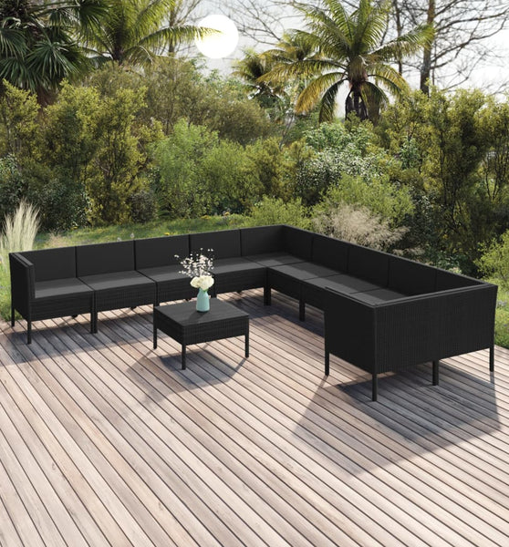 11-tlg. Garten-Lounge-Set mit Auflagen Poly Rattan Schwarz
