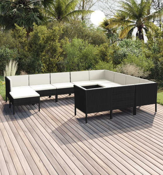 11-tlg. Garten-Lounge-Set mit Auflagen Poly Rattan Schwarz