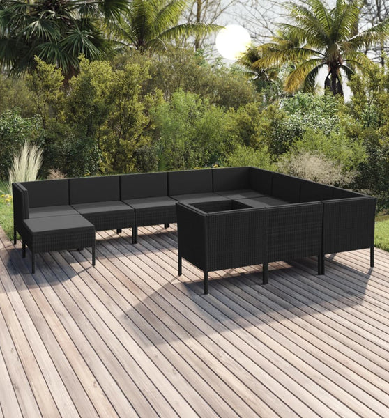 11-tlg. Garten-Lounge-Set mit Auflagen Poly Rattan Schwarz