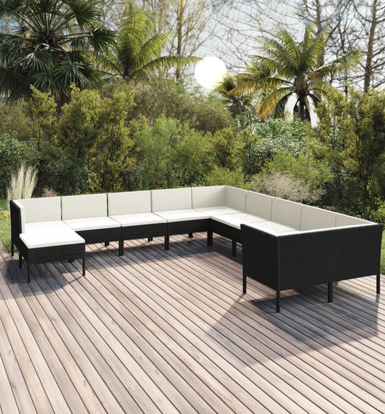 11-tlg. Garten-Lounge-Set mit Auflagen Poly Rattan Schwarz