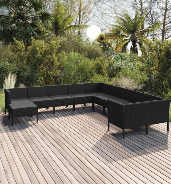 11-tlg. Garten-Lounge-Set mit Auflagen Poly Rattan Schwarz