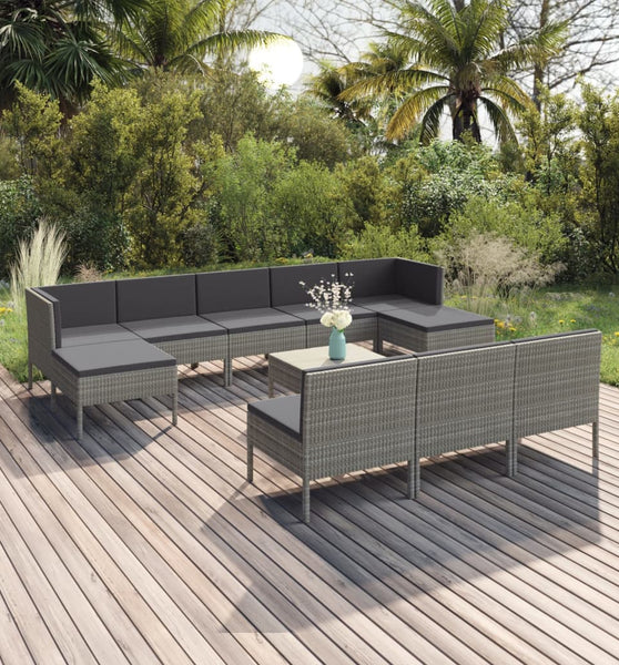 11-tlg. Garten-Lounge-Set mit Auflagen Poly Rattan Grau