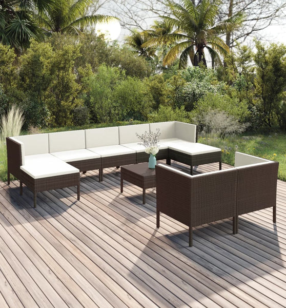 10-tlg. Garten-Lounge-Set mit Auflagen Poly Rattan Braun