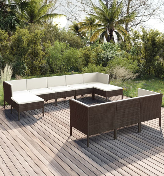 10-tlg. Garten-Lounge-Set mit Auflagen Poly Rattan Braun