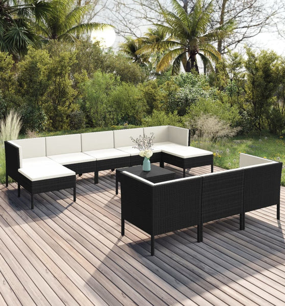 11-tlg. Garten-Lounge-Set mit Auflagen Poly Rattan Schwarz