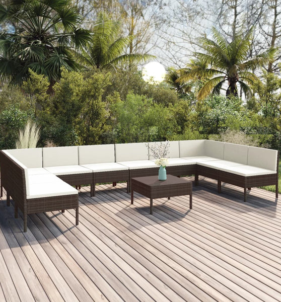 11-tlg. Garten-Lounge-Set mit Auflagen Poly Rattan Braun