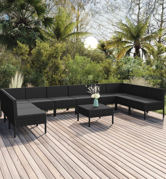 11-tlg. Garten-Lounge-Set mit Auflagen Poly Rattan Schwarz