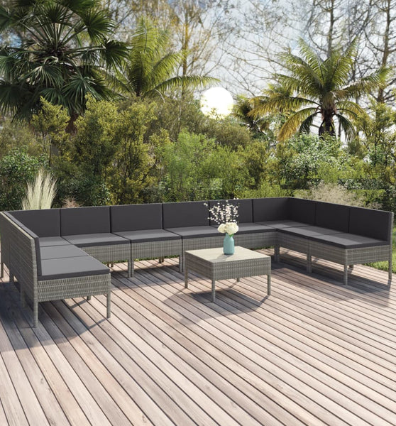 11-tlg. Garten-Lounge-Set mit Auflagen Poly Rattan Grau