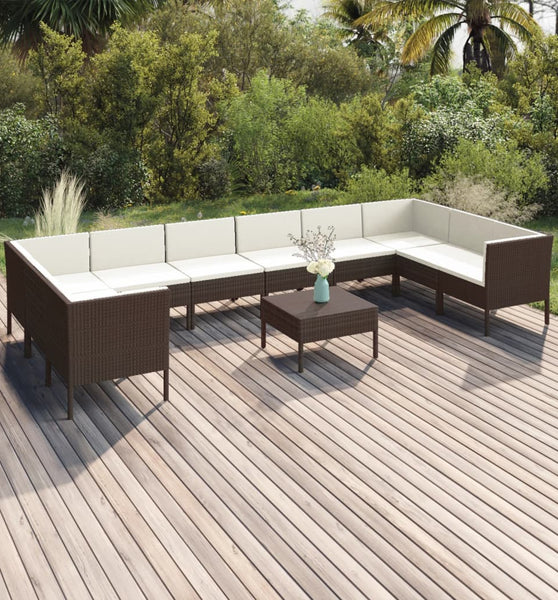 11-tlg. Garten-Lounge-Set mit Auflagen Poly Rattan Braun