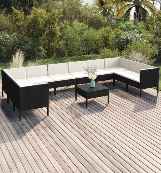 11-tlg. Garten-Lounge-Set mit Auflagen Poly Rattan Schwarz