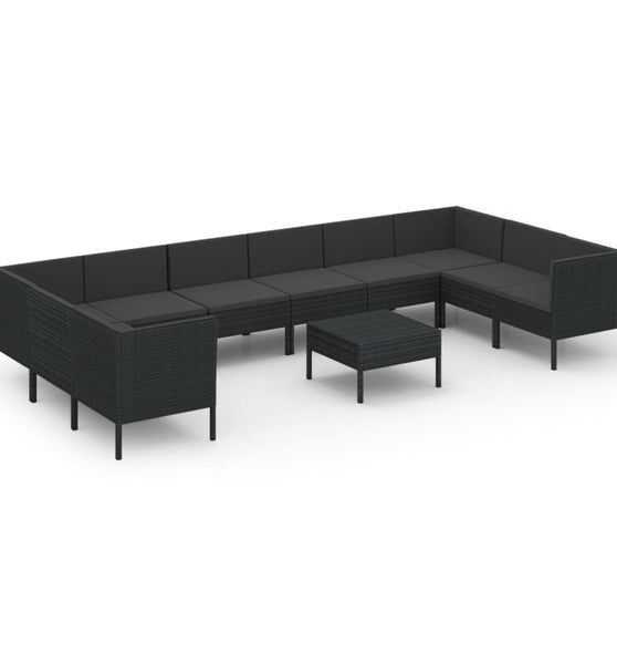 11-tlg. Garten-Lounge-Set mit Auflagen Poly Rattan Schwarz