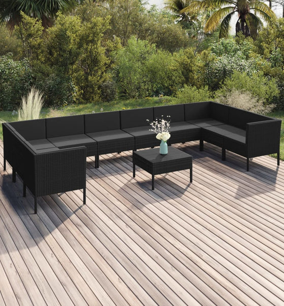 11-tlg. Garten-Lounge-Set mit Auflagen Poly Rattan Schwarz