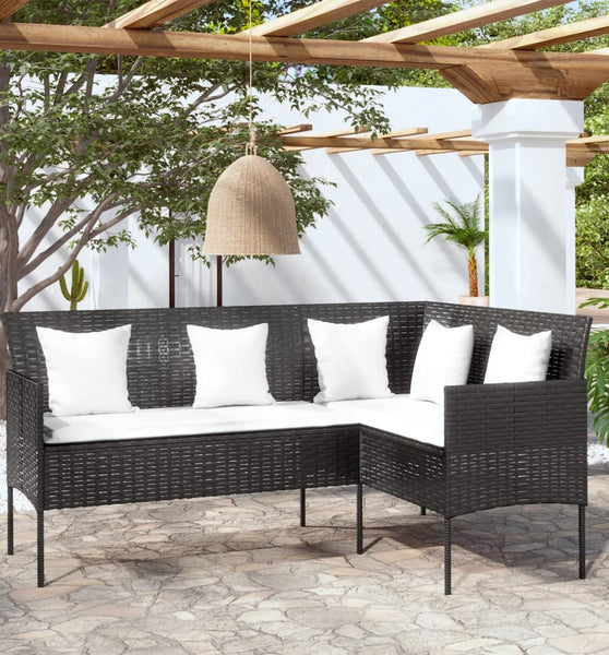 Sofa in L-Form mit Kissen Poly Rattan Schwarz