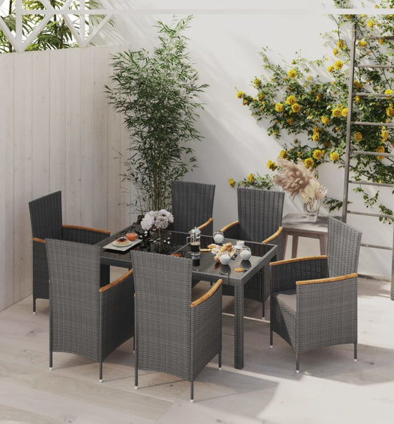 7-tlg. Garten-Essgruppe mit Auflagen Poly Rattan Schwarz & Grau