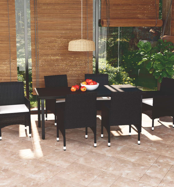 7-tlg. Garten-Essgruppe mit Kissen Poly Rattan Schwarz