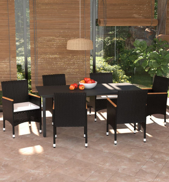 7-tlg. Garten-Essgruppe mit Kissen Poly Rattan Schwarz