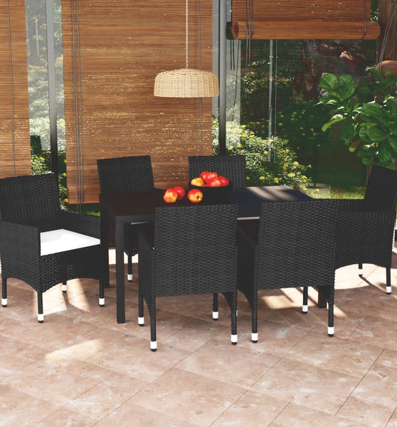 7-tlg. Garten-Essgruppe mit Kissen Poly Rattan Schwarz