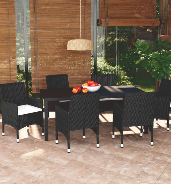 7-tlg. Garten-Essgruppe mit Kissen Poly Rattan Schwarz