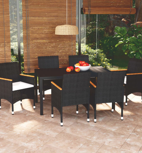 7-tlg. Garten-Essgruppe mit Kissen Poly Rattan Schwarz