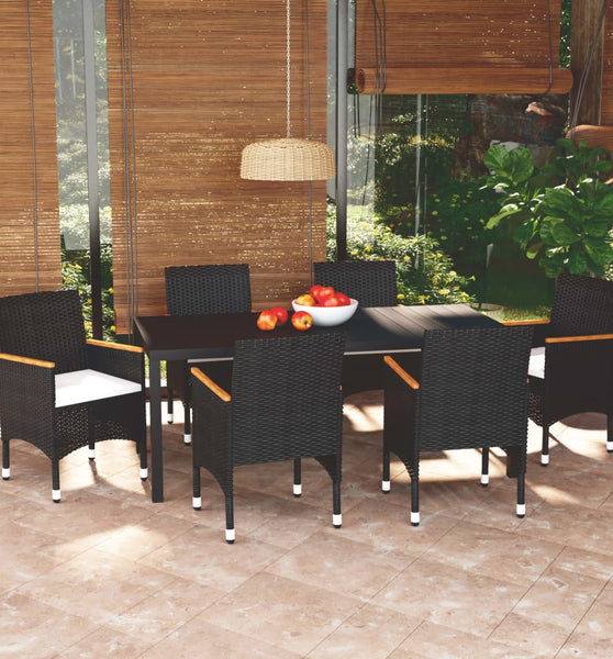 7-tlg. Garten-Essgruppe mit Kissen Poly Rattan Schwarz