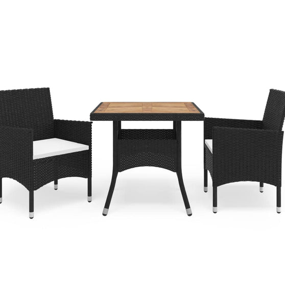3-tlg. Garten-Essgruppe Poly Rattan und Massivholz Schwarz