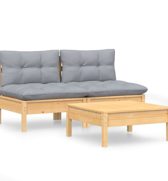 3-tlg. Garten-Lounge-Set mit Grauen Kissen Kiefernholz