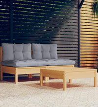 3-tlg. Garten-Lounge-Set mit Grauen Kissen Kiefernholz