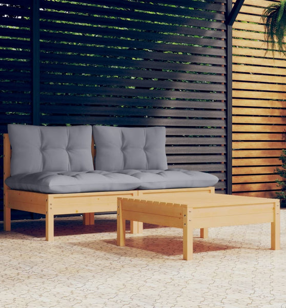 3-tlg. Garten-Lounge-Set mit Grauen Kissen Kiefernholz