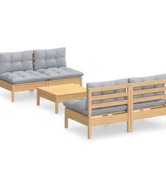 5-tlg. Garten-Lounge-Set mit Grauen Kissen Kiefernholz