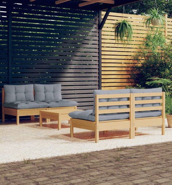 5-tlg. Garten-Lounge-Set mit Grauen Kissen Kiefernholz