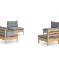 4-tlg. Garten-Lounge-Set mit Grauen Kissen Kiefernholz