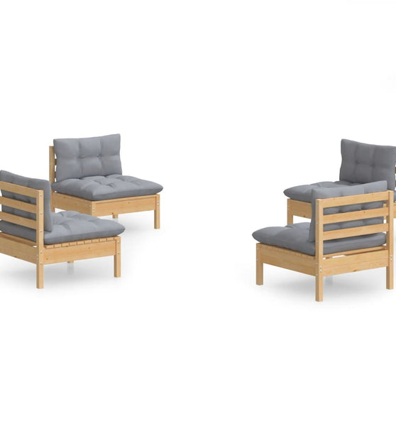 4-tlg. Garten-Lounge-Set mit Grauen Kissen Kiefernholz