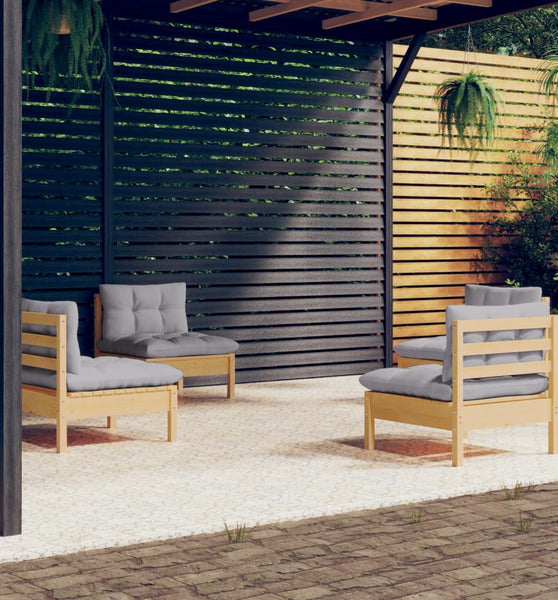 4-tlg. Garten-Lounge-Set mit Grauen Kissen Kiefernholz