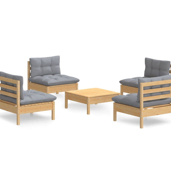 5-tlg. Garten-Lounge-Set mit Grauen Kissen Kiefernholz