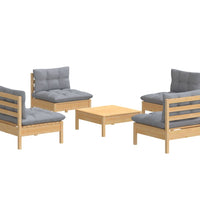 5-tlg. Garten-Lounge-Set mit Grauen Kissen Kiefernholz
