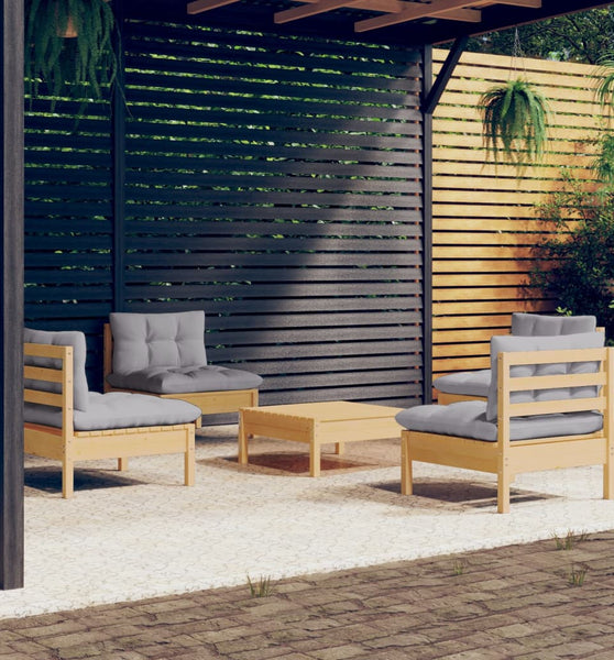 5-tlg. Garten-Lounge-Set mit Grauen Kissen Kiefernholz