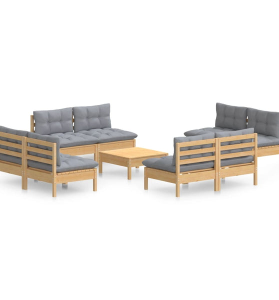 9-tlg. Garten-Lounge-Set mit Grauen Kissen Kiefernholz