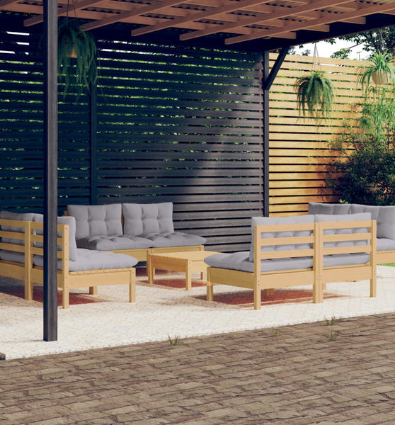 9-tlg. Garten-Lounge-Set mit Grauen Kissen Kiefernholz