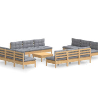 13-tlg. Garten-Lounge-Set mit Grauen Kissen Kiefernholz
