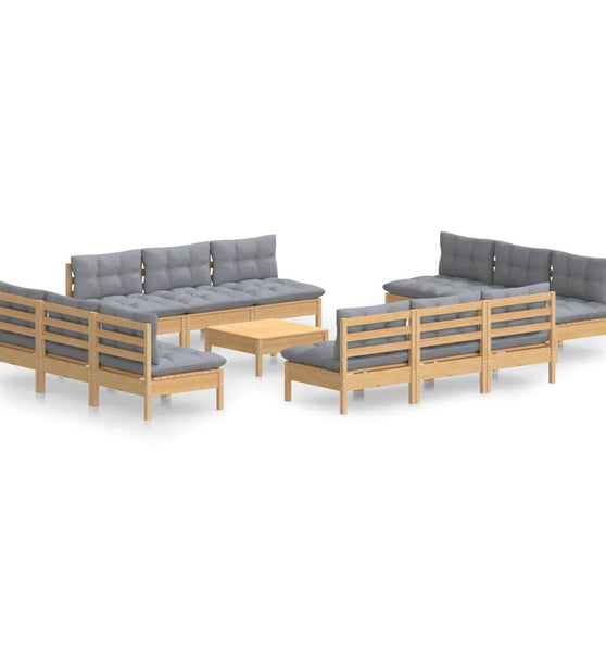 13-tlg. Garten-Lounge-Set mit Grauen Kissen Kiefernholz