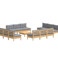 13-tlg. Garten-Lounge-Set mit Grauen Kissen Kiefernholz