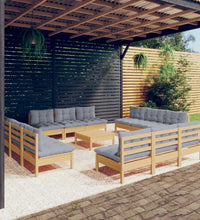 13-tlg. Garten-Lounge-Set mit Grauen Kissen Kiefernholz