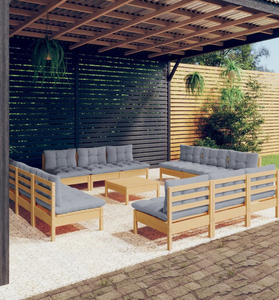 13-tlg. Garten-Lounge-Set mit Grauen Kissen Kiefernholz