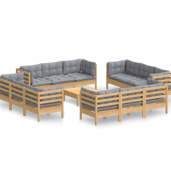 13-tlg. Garten-Lounge-Set mit Grauen Kissen Kiefernholz