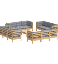 13-tlg. Garten-Lounge-Set mit Grauen Kissen Kiefernholz